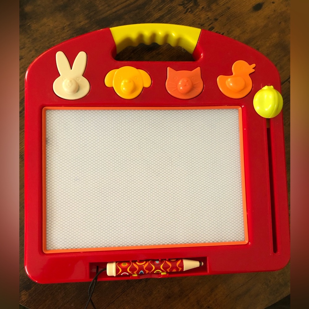 B Toys Magnetic Drawing Board with Animal Shape Stamps and Yellow Handle